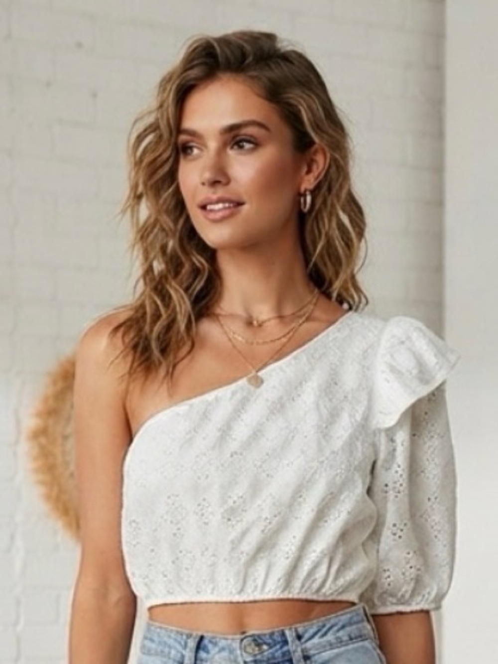 Zara Swiss Embroidery Asymmetric One Shoulder Top